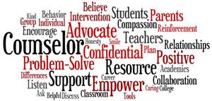 Image of a word cloud of black and red words associated with school counselors Image of a word cloud of black and red words associated with school counselors