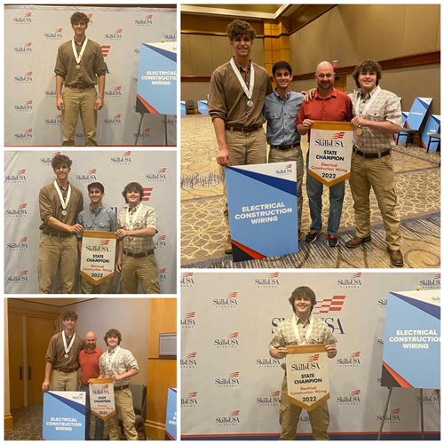 collage of five photos, george logan with four students in one photo, the other four photos students only