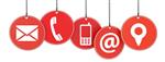 five communication icons hanging by individual strings