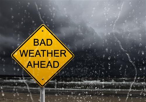 Yellow traffic sign saying "Bad Weather Ahead"